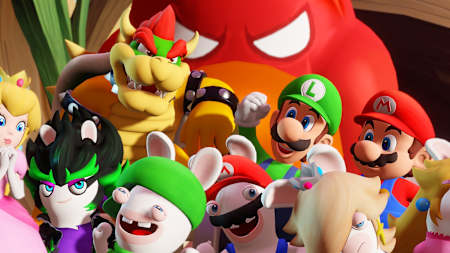 Artwork aus Mario + Rabbids: Sparks of Hope zeigt das Team mit allen neun spielbaren Charakteren