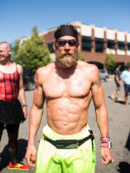 'Iron Cowboy' James Lawrence poses before setting off on an Ironman triathlon