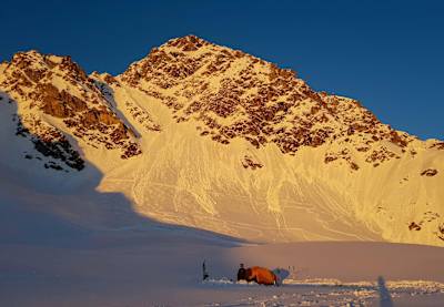 A camp location that’s a safe distance from vertical rock and ice faces.