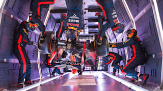 Aston Martin Red Bull Racing perform a Zero-G pit stop change aboard a plane in Moscow, Russia on September 17, 2019.