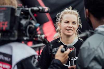 Tracey Hannah interviewed after a Downhill Mountain Bike World Cup race.