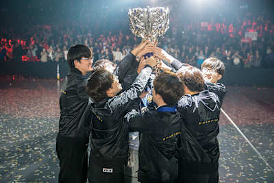 Faker and SKT celebrate their second consecutive LoL Worlds title win at the Staples Center in Los Angeles, USA.