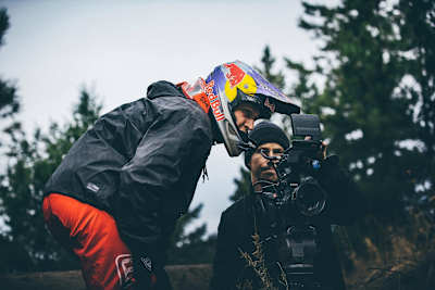 Revel Co.'s Brandon Semenuk and Rupert Walker review some footage during the shoot for the MTB film Inertia.