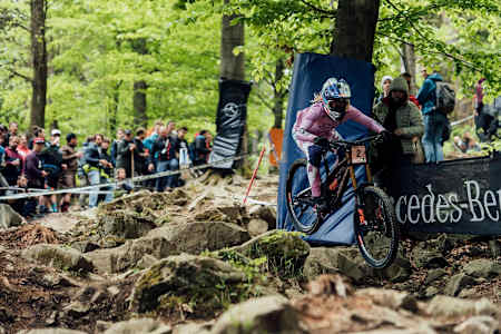 Tahnée Seagrave rides over a rock garden during the Maribor DH Finals 2019.
