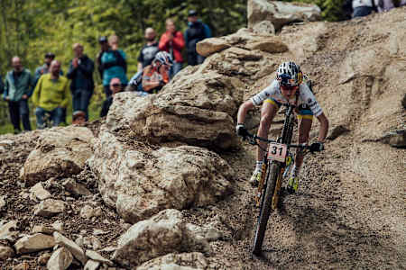 Yana Belomoina rides down a descent at Rd1 of the 2019 UCI MTB XCO World Cup in Albstadt, Germany on May 19, 2019.