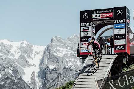 Bruni rides out the start hut during practice at Rd 3 of the 2019 UCI DH MTB World Cup in Leogang, Austria on June 7, 2019.