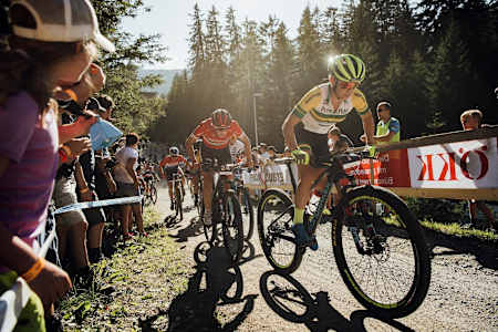 Rebecca Mcconnell and Alessandra Keller lead climb during the XCC race at Rd 6 of the UCI MTB World Cup 2019 in Lenzerheide, Switzerland.