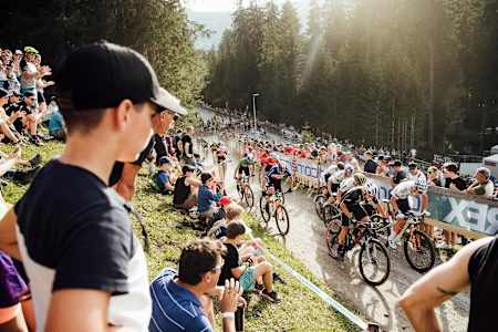 The men's leading group race during the XCC race at the UCI XCO World Cup at Lenzerheide, Switzerland, on August9, 2019.