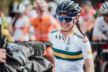 Rebecca McConnel smiles for a picture ahead of the Leogang MTB World Champs 2020.
