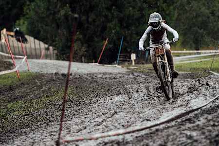 Camille Balanche rides rides at the UCI Mountain Bike Downhill World Championships in Leogang, Austria on October 11, 2020.