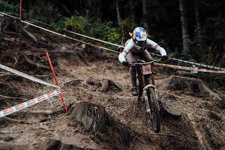 Tahnée Seagrave rides at the UCI Mountain Bike Downhill World Championships in Leogang, Austria on October 11, 2020.