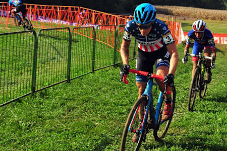 US cyclo-cross racer Katie Compton racing her bike at the 2016 Jingle Cross race in the United States.