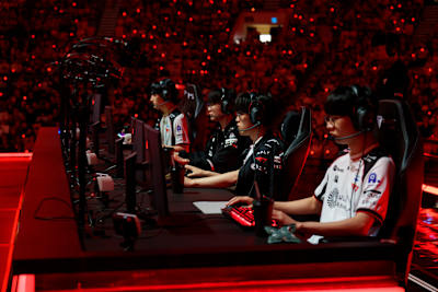 A photo of T1 competing during the LCK Playoffs at the KSPO Dome, in Seoul, South Korea.