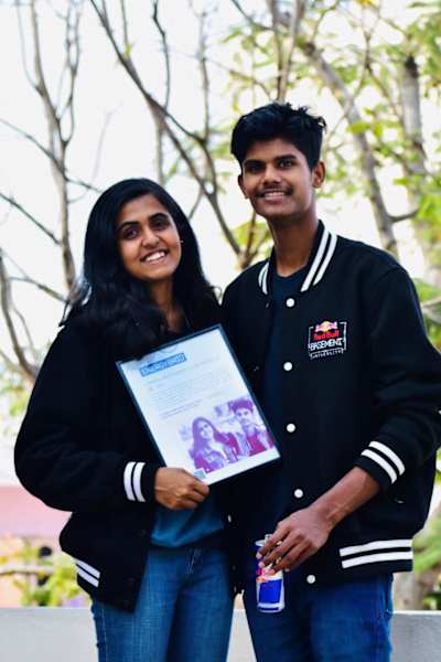 Nandhika Venkateswaran and Lajin Bhaskar of EnergyBrid pose for a photo.