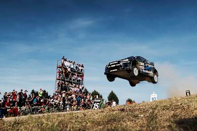 Elfyn Evans performs during FIA World Rally Championship 2014 in Italy
