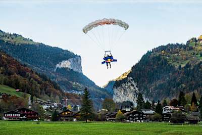Wingsuit athlete Peter Salzmann pictured coming in to land after his first-ever foil wingsuit flight in Lauterbrunnen, Switzerland.