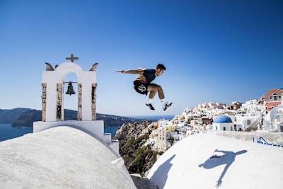 Dimitris Kyrsanidis performs during the preshoot for the Red Bull Art Of Motion on Santorini, Greece, on Oct. 5, 2017.