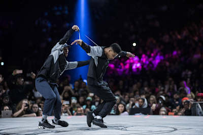 Diablo and Stylez'c StalaMuerte performing during the Hip Hop Final of Juste Debout 2018.