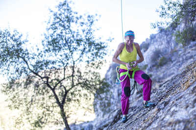 Angela Eiter hangs from a rope during an attempt on La Planta de Shiva.