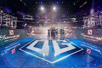 Team OG celebrate victory at Dota 2 tournament at The International 9 in Shanghai, China.