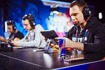 A photograph of gamers competing at Red Bull M.E.O. in Dortmund, Germany on February 1, 2019.
