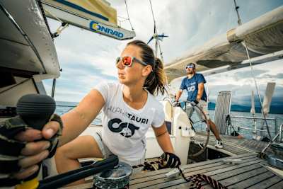 Christian Schiester and Daniela Bärnthaler during the third stage of their project Sail & Run – Bali to Salomon Islands March 9, 2019.