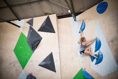 Shauna Coxsey trains at The Climbing Works in Sheffield, United Kingdom on July 29, 2019.