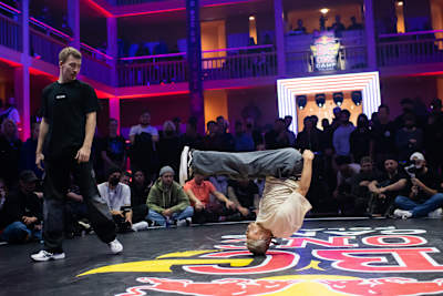 Nori (R) of Japan competes against Amir of Kazakhstan during the Last Chance Cypher during the Red Bull BC One Camp at the Shakespeare Theatre in Gdansk, Poland on November 4, 2021.