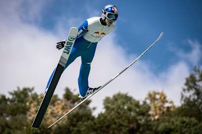 Ryōyū Kobayashi performs a ski jump in Nagano, Japan on October 21, 2020.