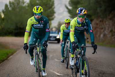 Anton Palazer and Primoz Roglic as seen training at a BORA - hansgrohe training camp in Mallorca, Spain, in 2024.