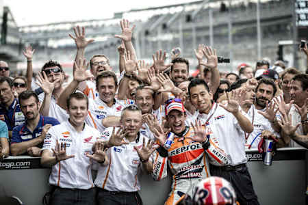 Marc Marquez and his team at the 2014 MotoGP in Indianapolis.