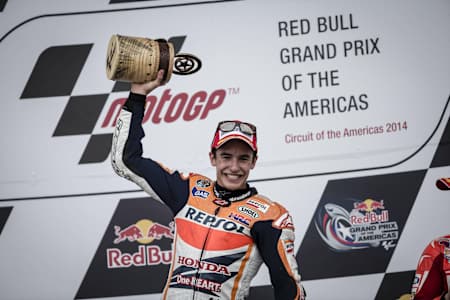 Marc Marquez celebrating another victory in Austin, Texas, in 2014.