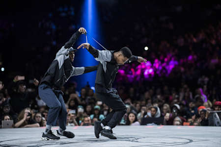 Diablo and Stylez'c StalaMuerte performing during the Hip Hop Final of Juste Debout 2018.