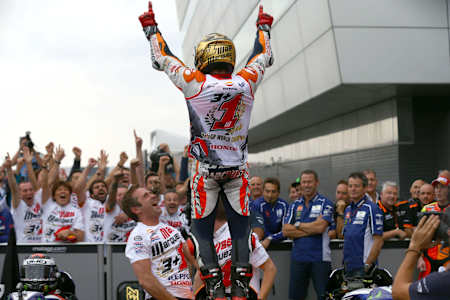 Marc Marquez celebrates his World Champion title 2014 during the Moto Grand Prix in Tochigi, Japan on October 12th, 2014.