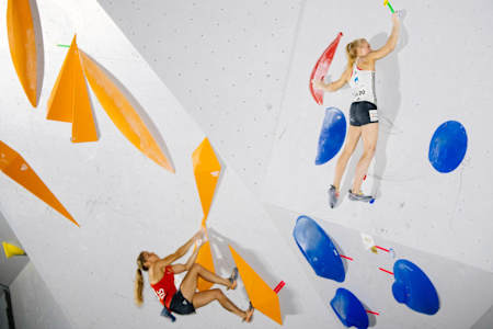 Janja Garnbret (SLO) and Petra Klingler (SUI) at the IFSC Climbing World Championships Boulder semi-final in Hachioji, Tokyo, Japan on August 13, 2019.