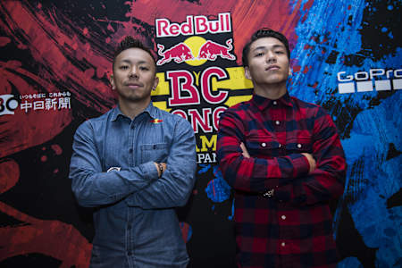 Taisuke (L) of Japan and Issei (R) of Japan pose for a photo at a press conference during the Red Bull BC One Japan Camp at the Meijo University in Nagoya, Japan on November 30, 2016.