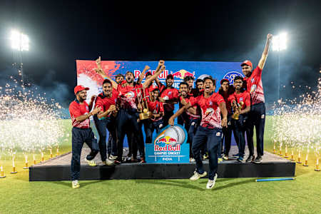 DAV College, Chandigarh celebrate after winning the Red Bull Campus Cricket National Finals at the Sawai Mansingh Stadium in Jaipur, India on May 17, 2019.