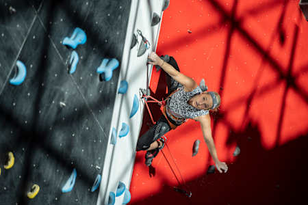 Sasha DiGiulian of United States Of America performs at Clymb in Abu Dhabi, United Arab Emirates on November 26th, 2019.