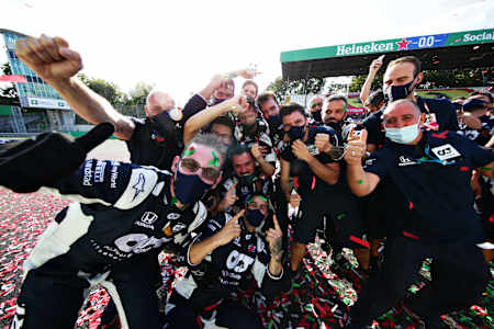 The Scuderia AlphaTauri team celebrate the win of Pierre Gasly during the F1 Grand Prix of Italy at Autodromo di Monza on September 6, 2020.