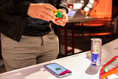 Patrick Ponce performs at the Rubik’s x Liberty Science Center exhibit prior to the Red Bull Rubik's Cube World Cup in Jersey City, New Jersey on November 4, 2020.