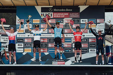 Men's podium at the 2021 UCI Albstadt XCO World Cup.