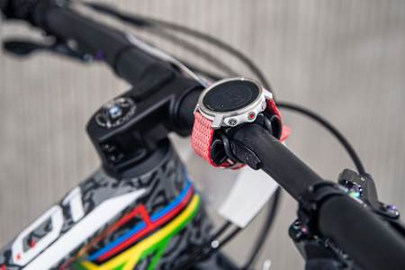 Close up view of the handlebars on Pauline Ferrand-Prevot's BMC Fourstroke mountain bike.