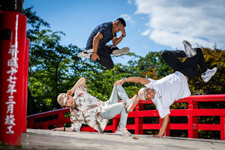 B-Girl Ami, B-Boy Taisuke, B-Boy Shigekix pose for a portrait during ShiroFes in Aomori Prefecture, Japan on July 5, 2021