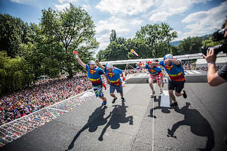 Team Ultra Gliders of Wiesendangen perform during the Red Bull Flugtag at Landiwiese in Zurich, Switzerland on July 16, 2016.