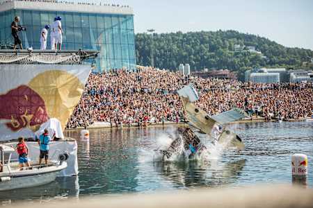Participants perform at the Red Bull Flugtag in Oslo, Norway on August 23, 2015.
