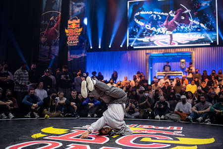 B-Girl Isis competes at the Red Bull BC One Last Chance Cypher in the Shakespeare theatre in Gdansk, Poland on November 4, 2021.