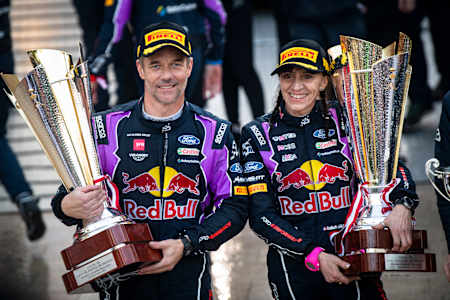 Sébastien Loeb and Isabelle Galmiche of team M-SPORT FORD WORLD RALLY TEAM celebrate on the podium after winning Rallye Monte-Carlo.