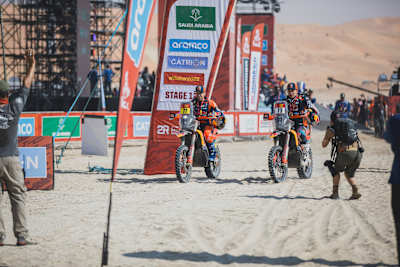 Luciano Benavides and Edgar Canet at the finish line after Stage 12 of Rally Dakar 2025 from AL SHUBAYTAH to SHUBAYTAH, Saudi Arabia on January 17, 2025. 