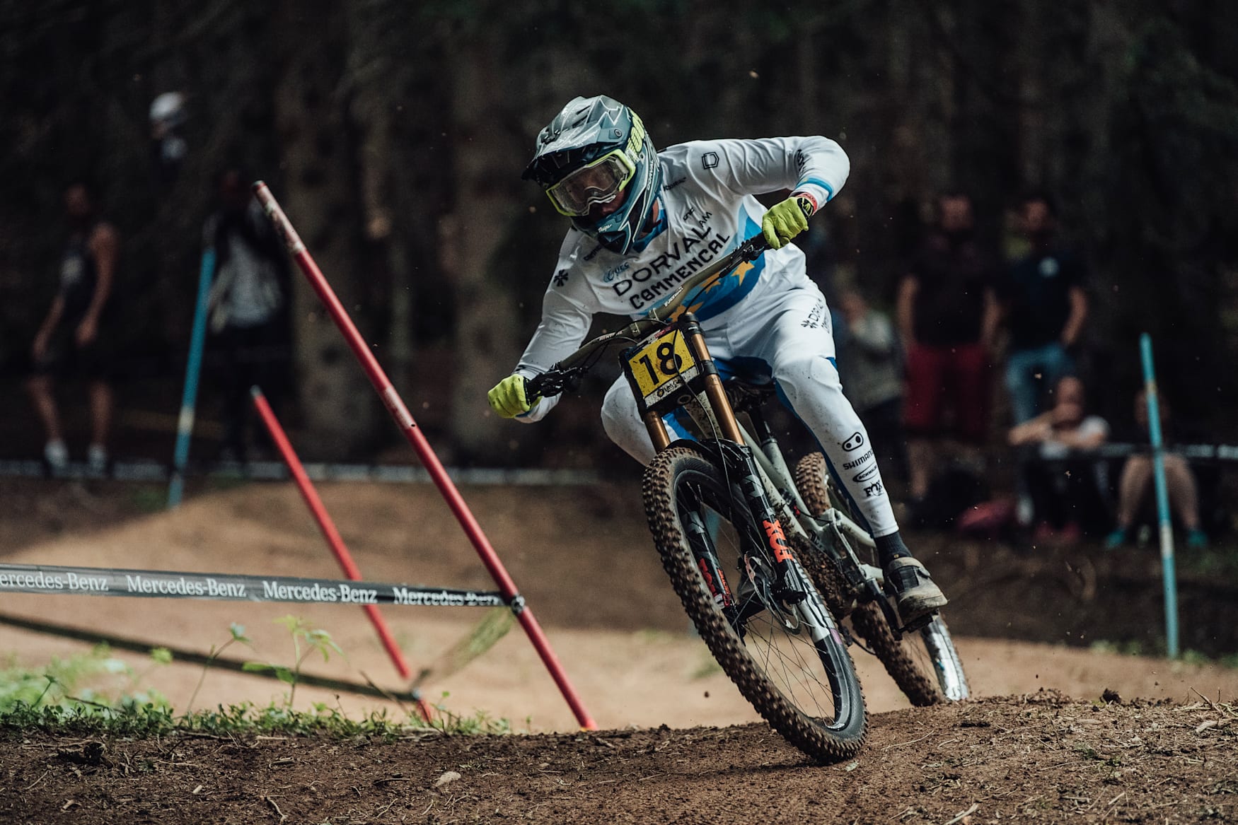 Baptiste Pierron rides during finals at the UCI MTB Downhill World Cup at Les Gets, France, on July 3, 2021.