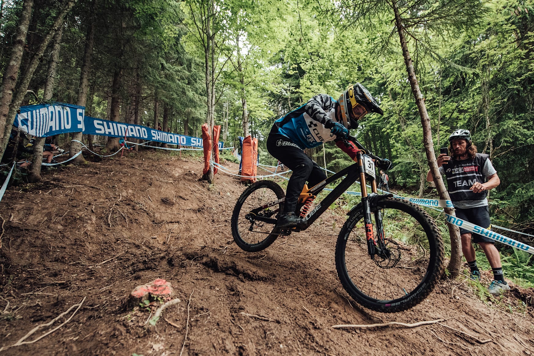 Max Hartenstern rides during finals at the UCI MTB Downhill World Cup at Les Gets, France, on July 3, 2021.